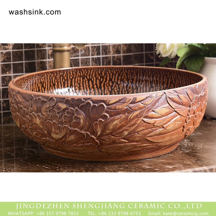 XHTC-X-1090-1 Roman style round ceramic lavabo with variable glaze wall and elaborate pure hand carved floral and leaf pattern on wood grain glaze surface XHTC-X-1090-1 - shengjiang  ceramic  factory   porcelain art hand basin wash sink