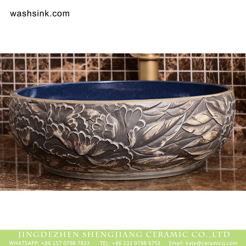 XHTC-X-1091-1 Jingdezhen Chinoiserie retro style round art ceramic wash hand basin with glaze matte deep blue wall and hand carved gray floral and leaf pattern on surface XHTC-X-1091-1 - shengjiang  ceramic  factory   porcelain art hand basin wash sink