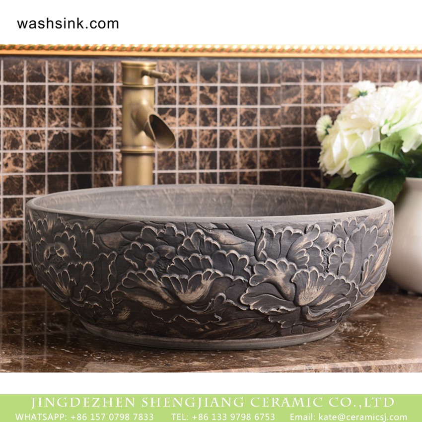 XHTC-X-1092-1 Jingdezhen Shengjiang Ceramics hot sales Chinese European antique style special art design round fascinating ceramic wash basin deep gray color with beautiful hand carved floral pattern on surface XHTC-X-1092-1 - shengjiang  ceramic  factory   porcelain art hand basin wash sink