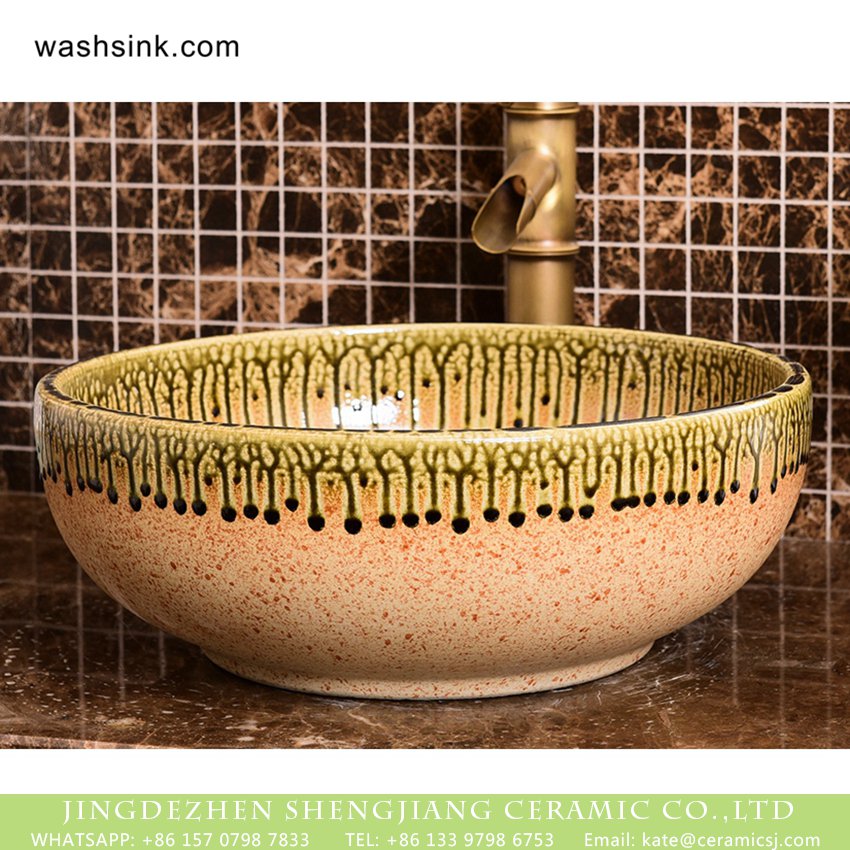 XHTC-X-2068-1 Jingdezhen European antique style fashionable round ceramic bathroom sink beign surface beautiful jade sagging glaze edge with hand painted special graphic XHTC-X-2068-1 - shengjiang  ceramic  factory   porcelain art hand basin wash sink