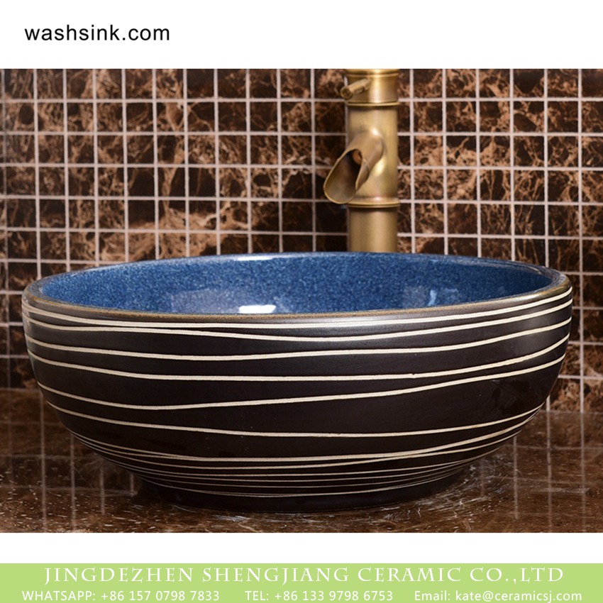 XHTC-X-2069-1 Shengjiang factory direct European country retro style original art round ceramic wash sink basin with glazed dark blue wall and black surface with white irregular lines XHTC-X-2069-1 - shengjiang  ceramic  factory   porcelain art hand basin wash sink