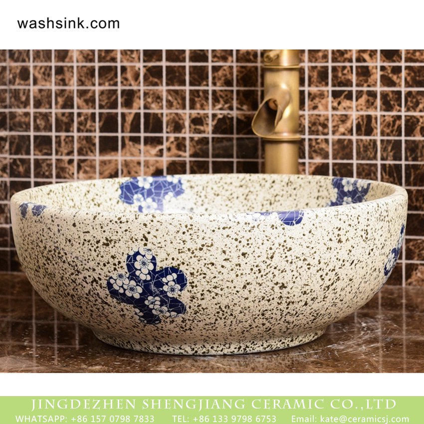 XHTC-X-2070-1 Elegant Chinese style retro round porcelain countertop art basin white color with black spots and under glaze blue-and-white plum blossom pattern XHTC-X-2070-1 - shengjiang  ceramic  factory   porcelain art hand basin wash sink