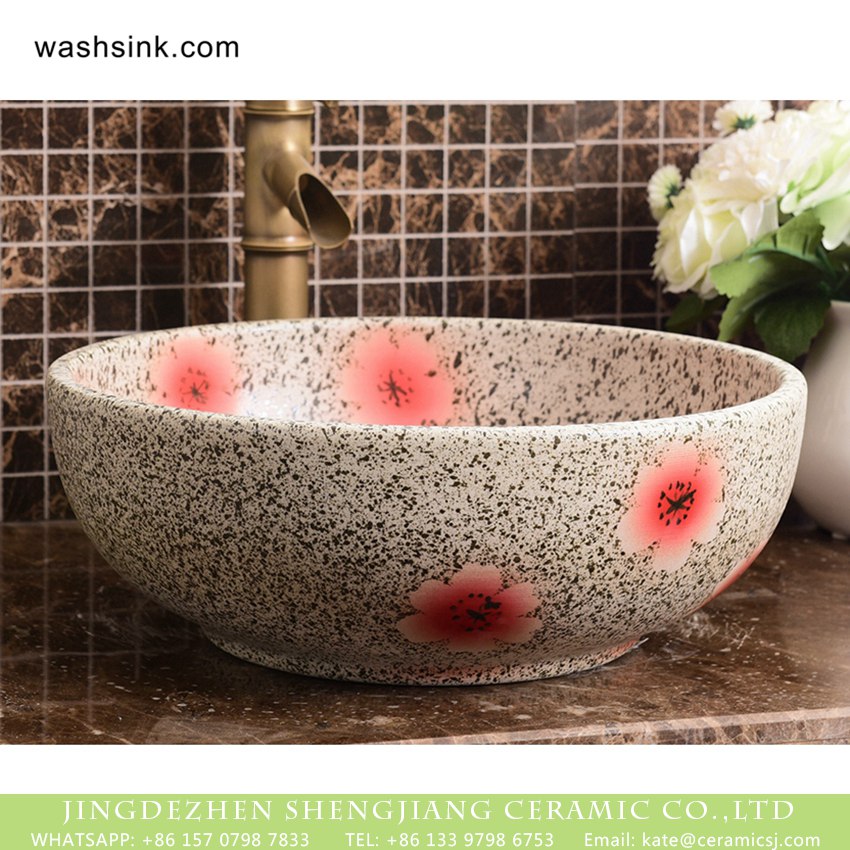 XHTC-X-2071-1 Wholesale European antique style round ceramic countertop vanity basin dull polish white with green spots and freehand sketching artistic color glazed typical floral pattern XHTC-X-2071-1 - shengjiang  ceramic  factory   porcelain art hand basin wash sink