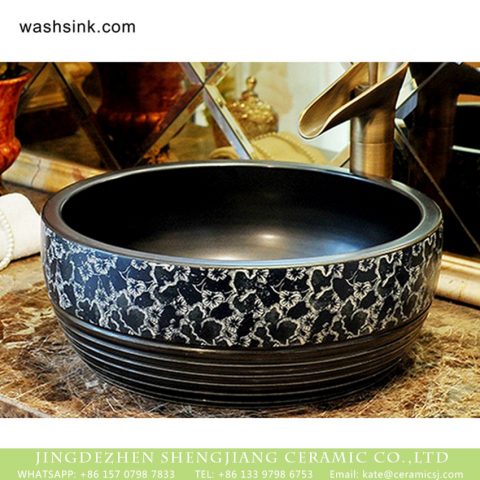 Made in Jingdezhen New product Chinese country style quaint retro drum shape ceramic toilet basin glaze black color with blue-and-white floral pattern and caved striations sanitary ware XHTC-X-2074-1
