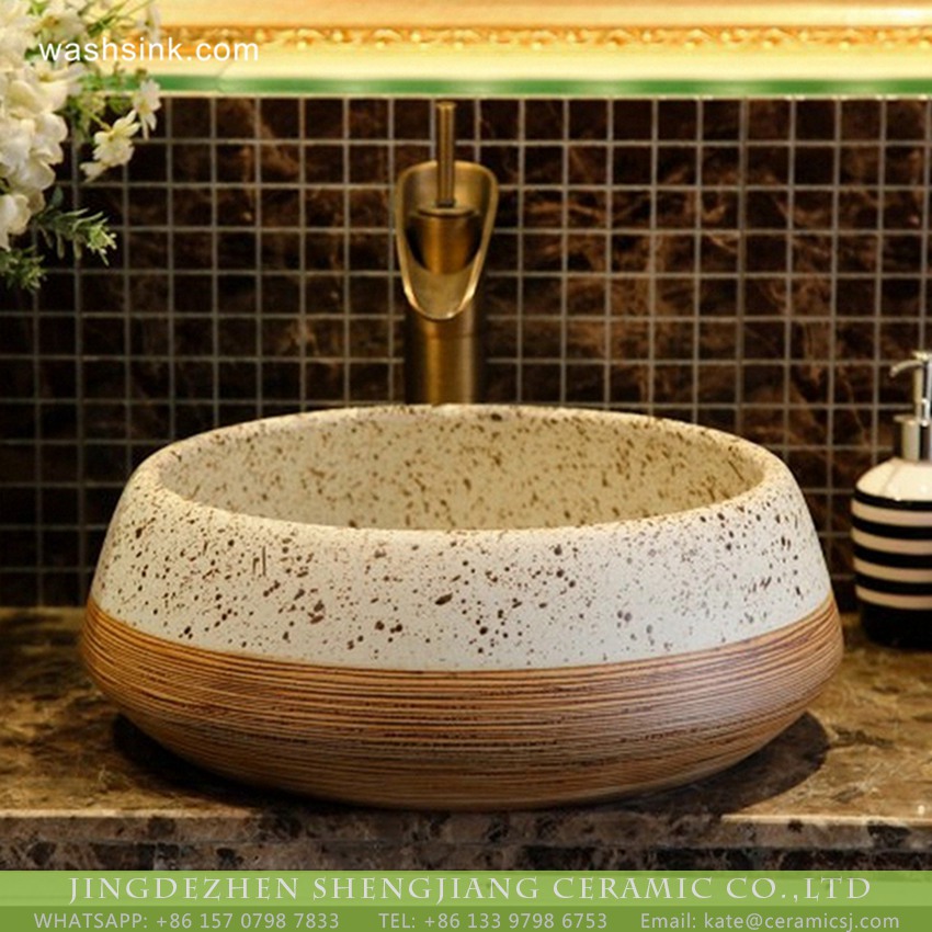 XHTC-X-2075-1 Ceramic capital hot sale Chinese style antique retro original art porcelain sink bowl white with black spots brown whorl lines on surface XHTC-X-2075-1 - shengjiang  ceramic  factory   porcelain art hand basin wash sink