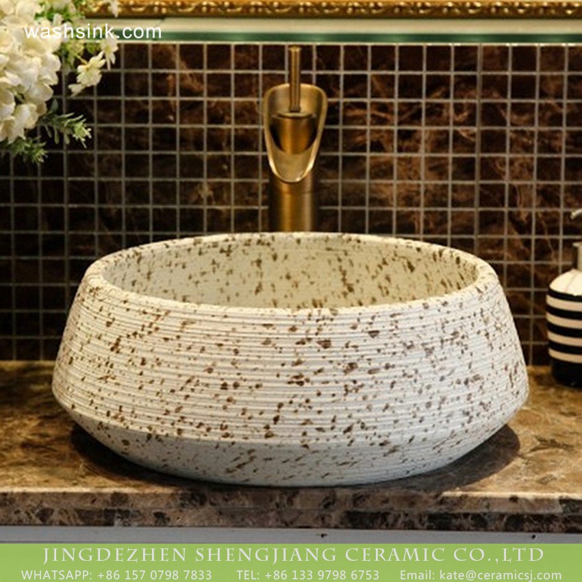 XHTC-X-2076-1 Shengjiang factory European antique style Chinese original porcelain bathroom design vessel sink imitating riverstones texture cream white with dark brown spots and hand carved fine lines XHTC-X-2076-1 - shengjiang  ceramic  factory   porcelain art hand basin wash sink