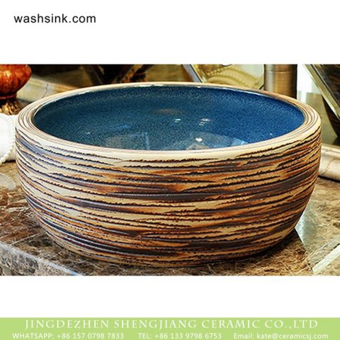 Jingdezhen factory product Chinese antique classical style thick edge domestic bathroom art ceramic basin with smooth blue glazed wall and carved stripes on surface XHTC-X-2078-1