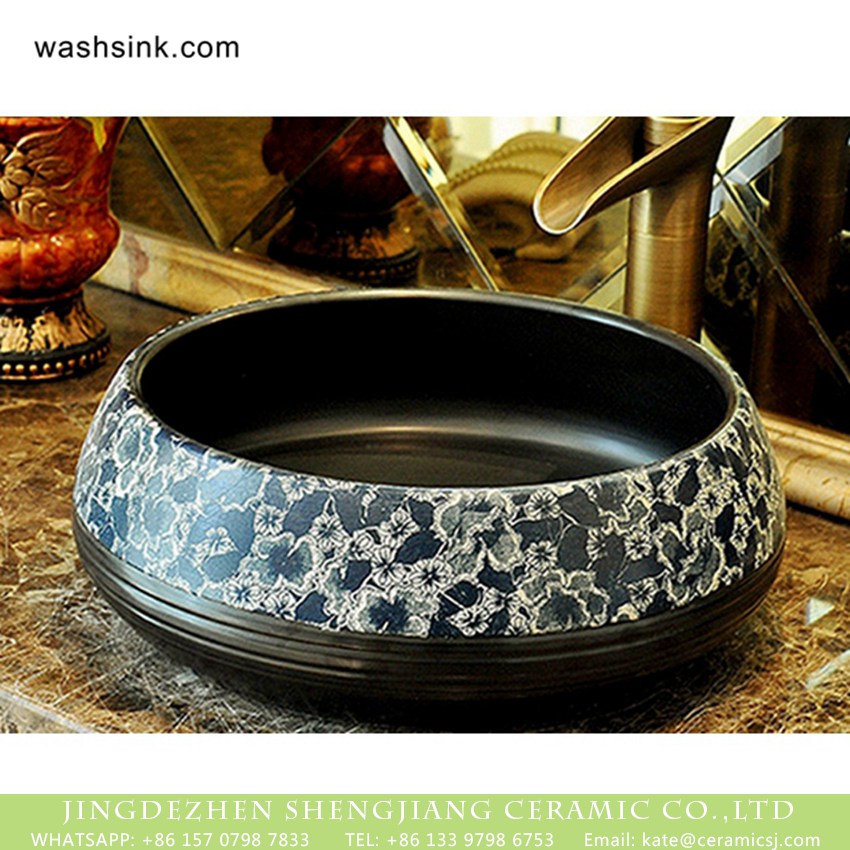 XHTC-X-2080-1 Elegant Chinese classical style retro porcelain sink bowls with glazed black wall pure hand carved whirl striations and blue-and-white floral pattern on surface XHTC-X-2080-1 - shengjiang  ceramic  factory   porcelain art hand basin wash sink