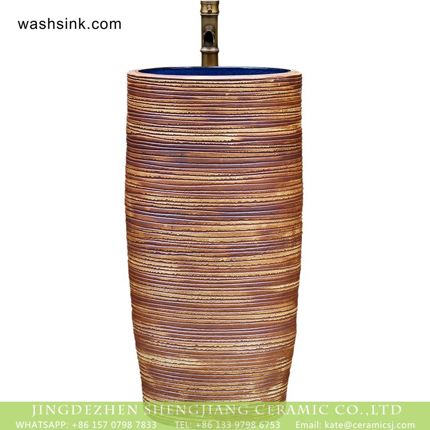 XHTC-Y-6001-3 Jingdezhen unique design  art porcelain one piece freestanding pedestal wash hand basin with hand carved wood color stripes on the surface and glazed blue wall   XHTC-Y-6001-3 - shengjiang  ceramic  factory   porcelain art hand basin wash sink