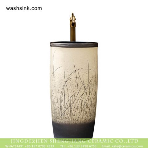 Shengjiang factory one piece pedestal unitary porcelain sanitary ware round shape with beautiful manual sculptured grey and beign grass pattern on surface and brown wall XHTC-Y-6002-6
