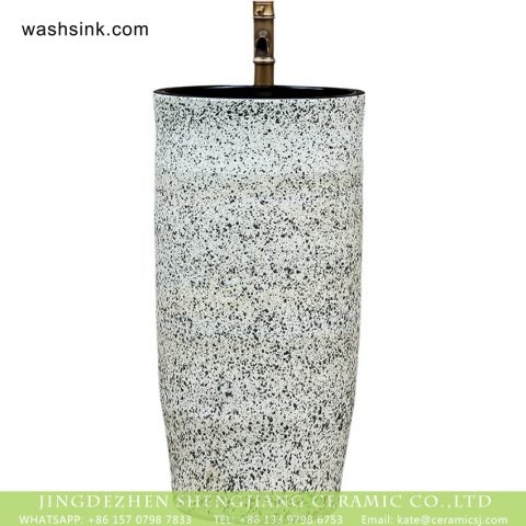 Jingdezhen new products bathroom balcony decorative art one piece pedestal porcelain wash basin with black high gloss wall and white color with spots surface XHTC-Y-6005-4