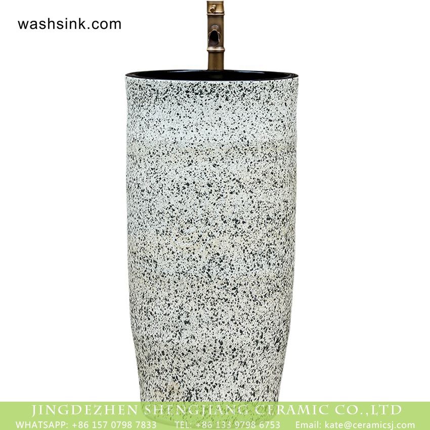 XHTC-Y-6005-4 Jingdezhen new products bathroom balcony decorative art one piece pedestal porcelain wash basin with black high gloss wall and white color with spots surface XHTC-Y-6005-4 - shengjiang  ceramic  factory   porcelain art hand basin wash sink