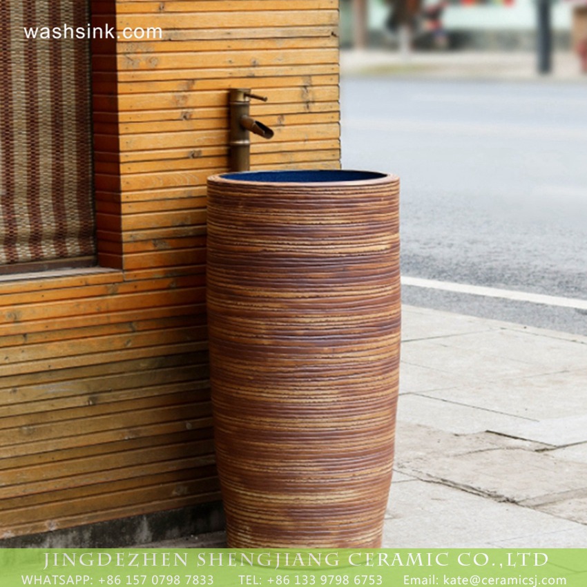 XHTC-Y-6008-4 Jingdezhen wholesale balcony outdoors art antique design one piece unitary ceramic round pedestal hand wash sink with glazed blue wall and sculptured wood surface XHTC-Y-6008-4 - shengjiang  ceramic  factory   porcelain art hand basin wash sink