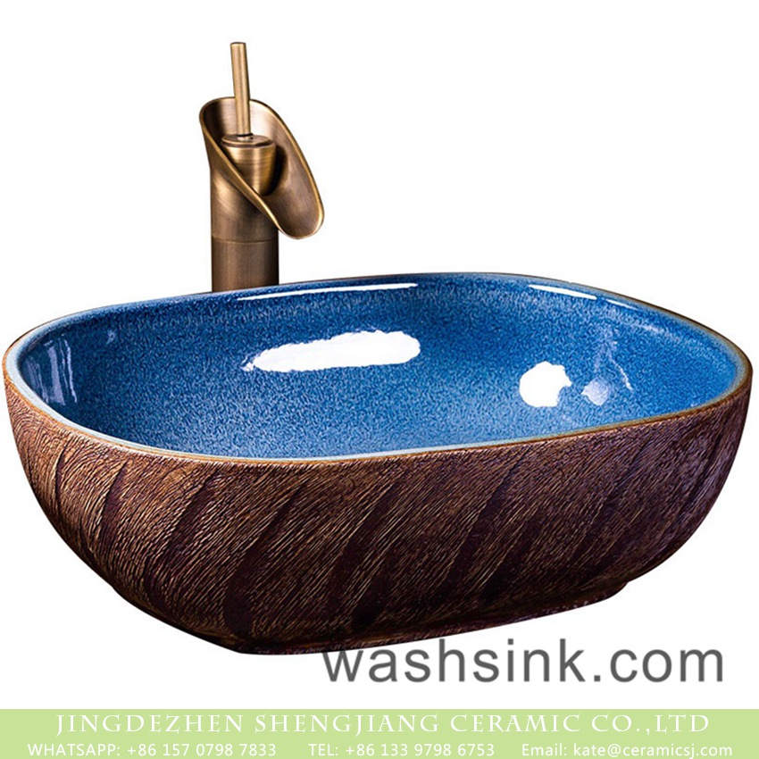 XXDD-01-2 Porcelain city Jingdezhen art antique style table top vanity basin with color glazed high gloss light blue wall and pure hand carved ripple pattern on solid surface XXDD-01-2 - shengjiang  ceramic  factory   porcelain art hand basin wash sink