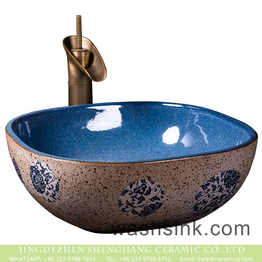 XXDD-02-4 Shengjiang factory wholesale price foursquare Chinese style antique ceramic home bathroom sanitary ware with color glazed blue high gloss wall and flower pattern on the surface XXDD-02-4 - shengjiang  ceramic  factory   porcelain art hand basin wash sink