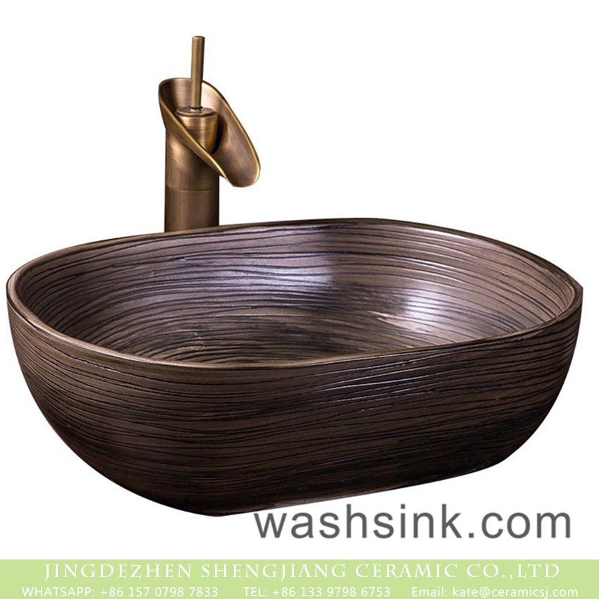 XXDD-05-1 China traditional oval retro art high quality bathroom ceramic design vessel sink brown color with wire drawing striations XXDD-05-1 - shengjiang  ceramic  factory   porcelain art hand basin wash sink