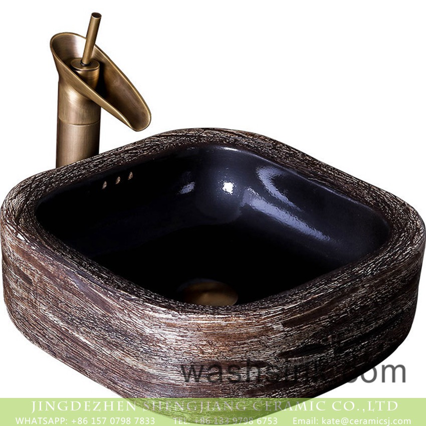 XXDD-06-8 Square Chinese art antique counter top basin elegant original single hole imitating marble surface and glazed dark wall ceramic sink XXDD-06-8 - shengjiang  ceramic  factory   porcelain art hand basin wash sink