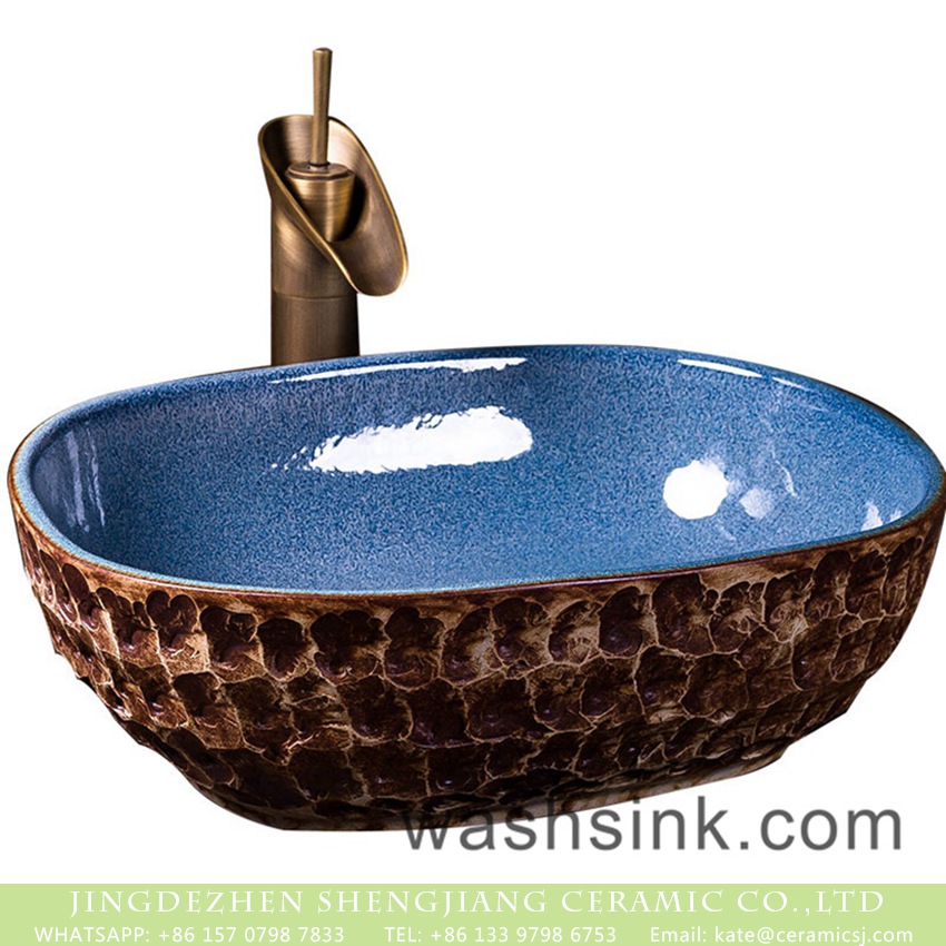 XXDD-07-1 Hot sales special design retro oval toilet basin glazed light blue wall and brown uneven surface with stone patterns wash sink XXDD-07-1 - shengjiang  ceramic  factory   porcelain art hand basin wash sink