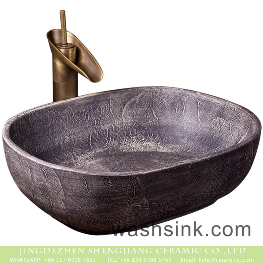 XXDD-09-3 Jingdezhen Shengjiang factory oval Chinese style art retro ceramic basin deep gray with special and mysterious graphic lines XXDD-09-3 - shengjiang  ceramic  factory   porcelain art hand basin wash sink