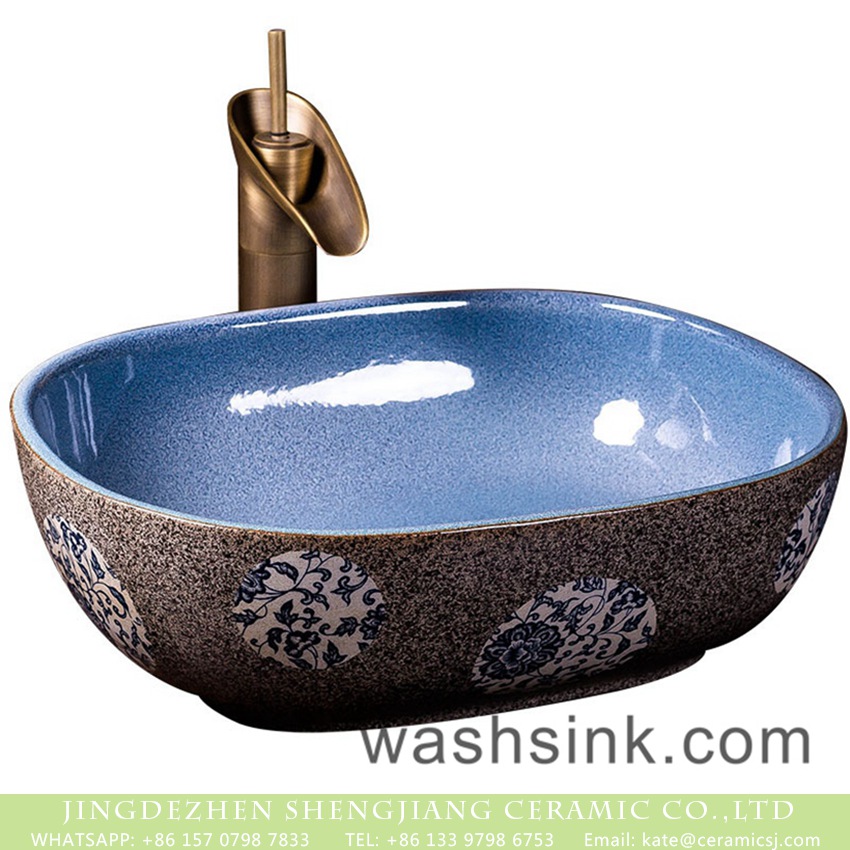 XXDD-10-4-1 Antique Chinese modern new style oval round original basin glazed light blue wall dark gray surface with spots and circular patterns lavabo XXDD-10-4 - shengjiang  ceramic  factory   porcelain art hand basin wash sink