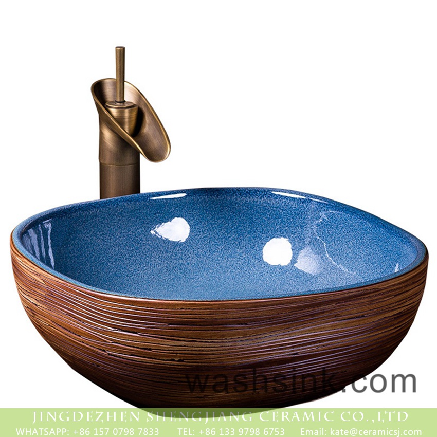 XXDD-11-5 Factory wholesale price foursquare Chinese style art antique unique ceramic lavabo with glazed dark blue wall and carved wood color surface for hotel XXDD-11-5 - shengjiang  ceramic  factory   porcelain art hand basin wash sink