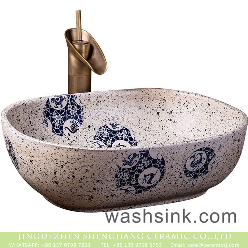 XXDD-12-3 Simple modern country style small oval retro unique bathroom table top basin white color with spots and blue-and-white circular patterns surface wash basin XXDD-12-3 - shengjiang  ceramic  factory   porcelain art hand basin wash sink