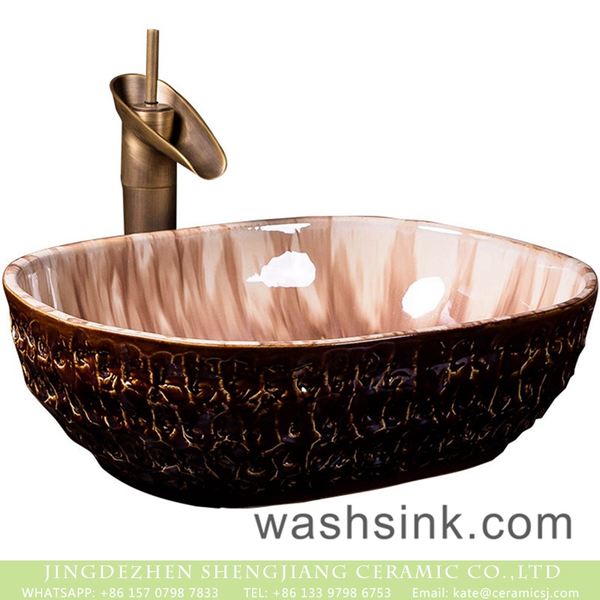 XXDD-16-3 European retro style original oval luxury bathroom design vessel sink with high gloss light color wall and uneven dark surface XXDD-16-3 - shengjiang  ceramic  factory   porcelain art hand basin wash sink
