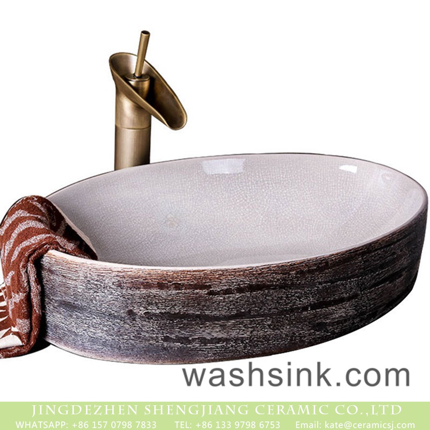 XXDD-18-3 Jingdezhen Shengjiang factory direct Chinese style original oval thin edge art basin with ice crack ceramic wall and imitating marble surface XXDD-18-3 - shengjiang  ceramic  factory   porcelain art hand basin wash sink