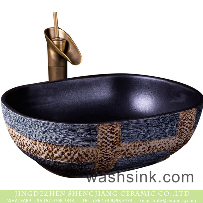 XXDD-19-3 Hot sale European style oval art ceramic wash basin with beautiful designed and hand carved surface and black wall XXDD-19-3 - shengjiang  ceramic  factory   porcelain art hand basin wash sink