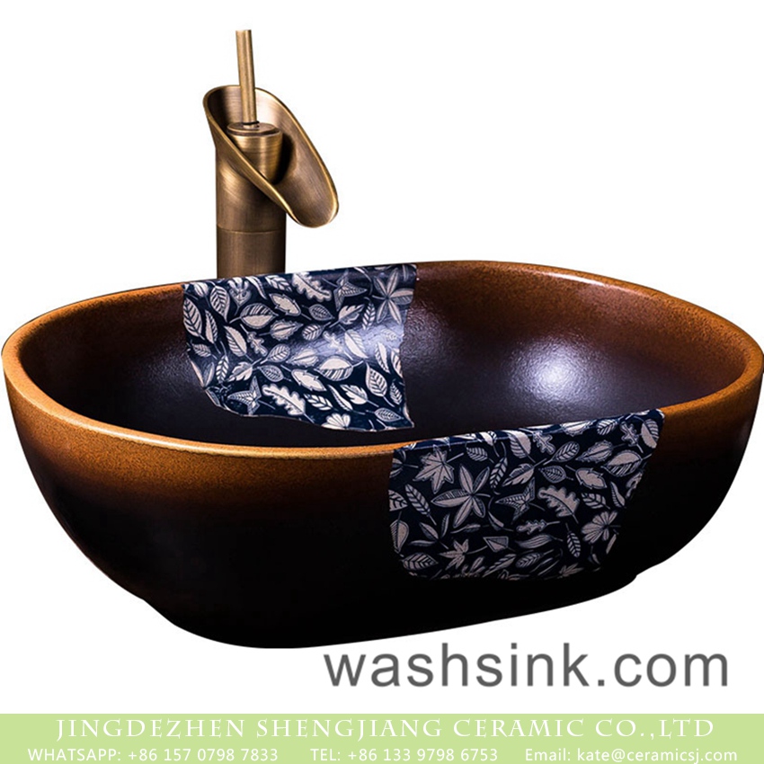 XXDD-21-4 Jingdezhen hot new products Japanese style original design retro lavabo with gradient dark golden color and blue-and-white leave pattern XXDD-21-4 - shengjiang  ceramic  factory   porcelain art hand basin wash sink