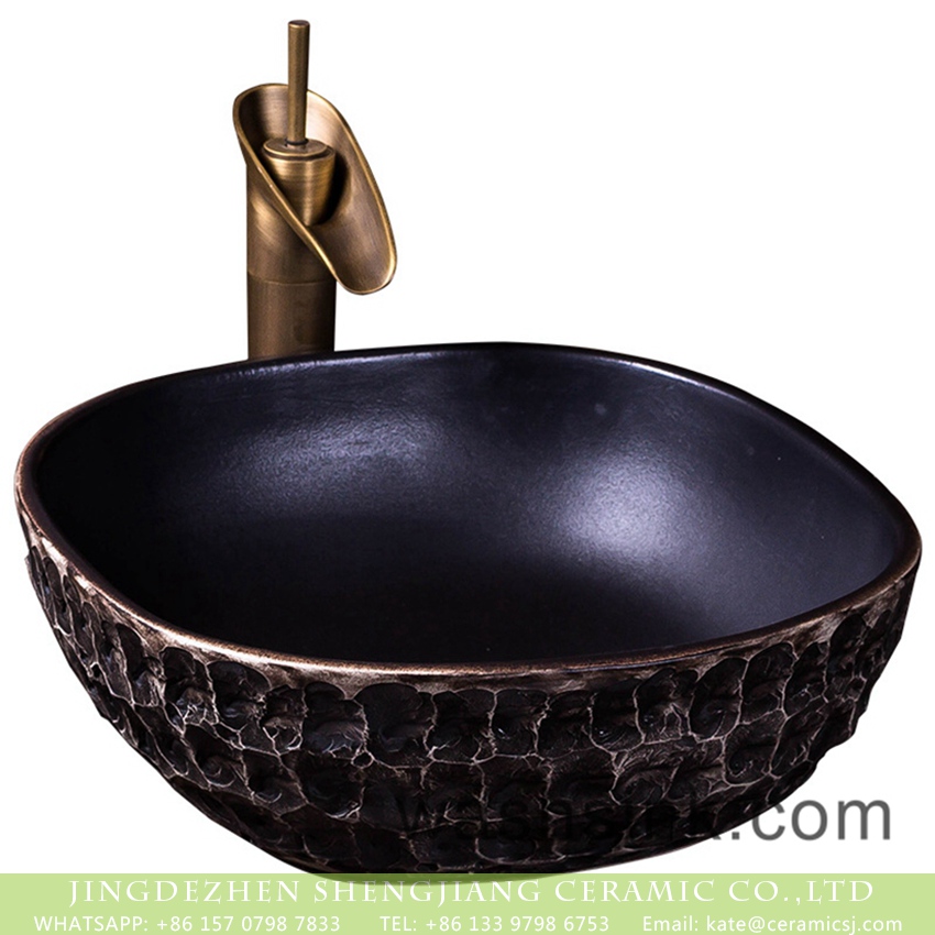 XXDD-22-4 Jingdezhen Chinese style industrial style retro foursquare black ceramic wash sink with uneven surface XXDD-22-4 - shengjiang  ceramic  factory   porcelain art hand basin wash sink