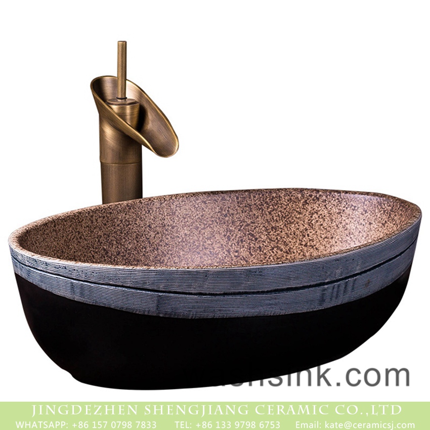 XXDD-24-2 The oval handmade Chinese antique style art design table top lavabo with brown color spots wall and carved thin white edge imitating wood texture and black surface XXDD-24-2 - shengjiang  ceramic  factory   porcelain art hand basin wash sink