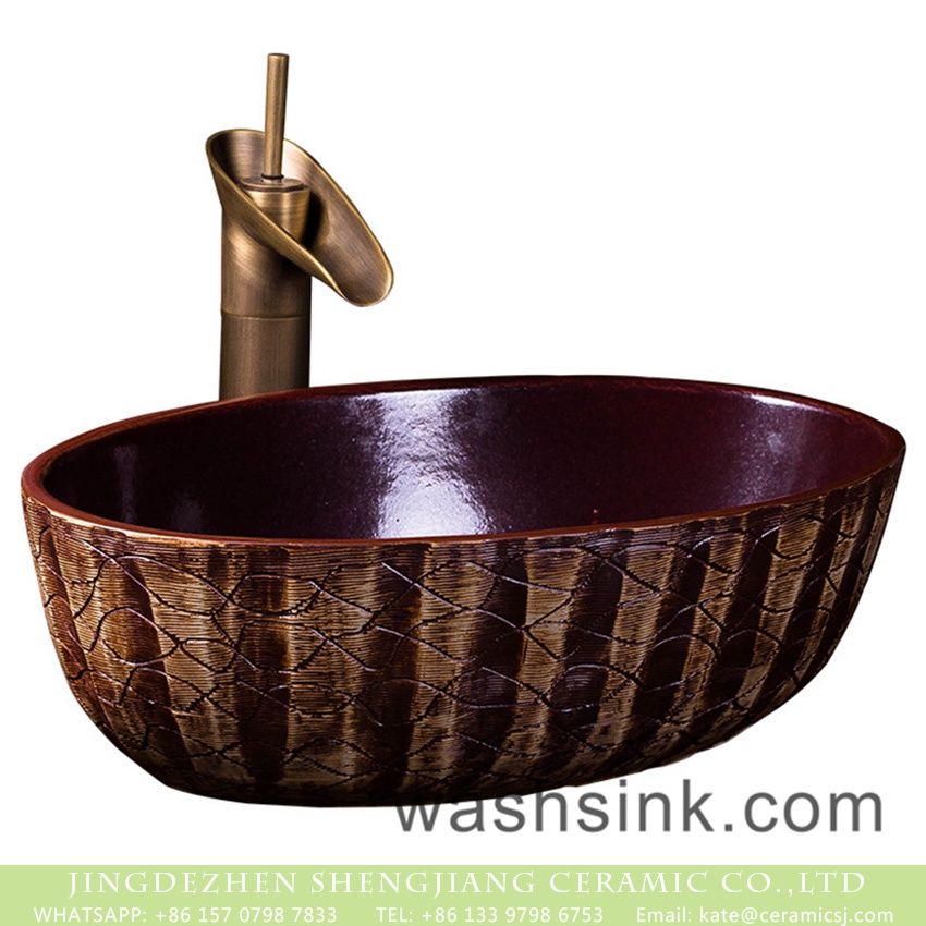 XXDD-25-2 Factory wholesale price Chinese traditional style oval ceramic art hand wash sink with irregular hand carved lines, dark magenta color wall and thin edge XXDD-25-2 - shengjiang  ceramic  factory   porcelain art hand basin wash sink