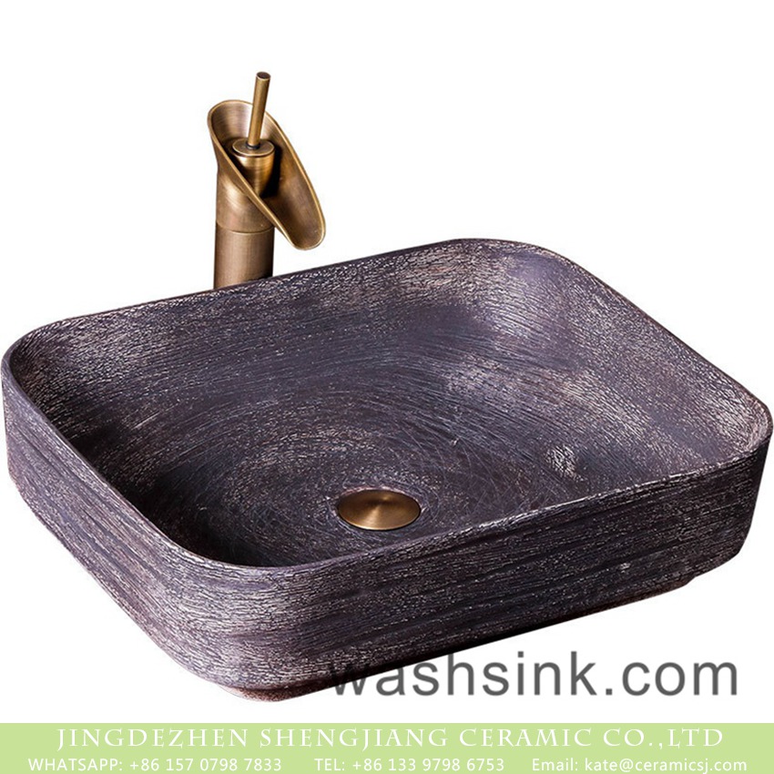 XXDD-27-1 Hot new products Chinese antique retro style square ceramic wash hand basin thin edge dark color mounted single hole imitating carved wood texture XXDD-27-1 - shengjiang  ceramic  factory   porcelain art hand basin wash sink