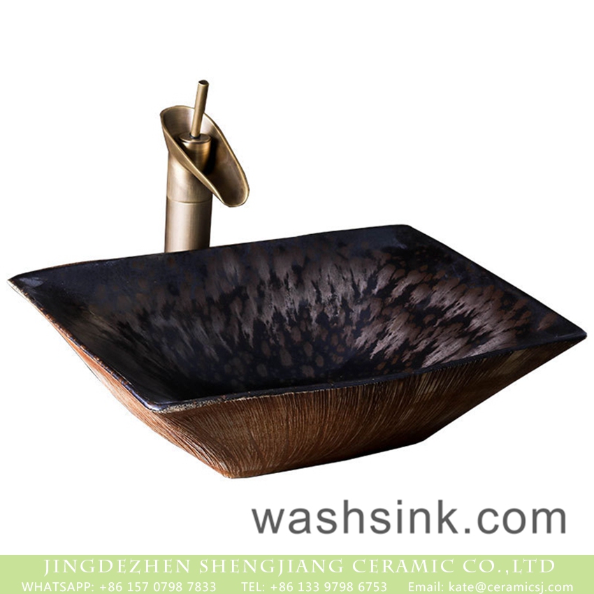 XXDD-28-4 New Style Chinese retro original style rectangular porcelain  wash basin with creative pattern on brown and black wall and carved stripes on beign surface XXDD-28-4 - shengjiang  ceramic  factory   porcelain art hand basin wash sink