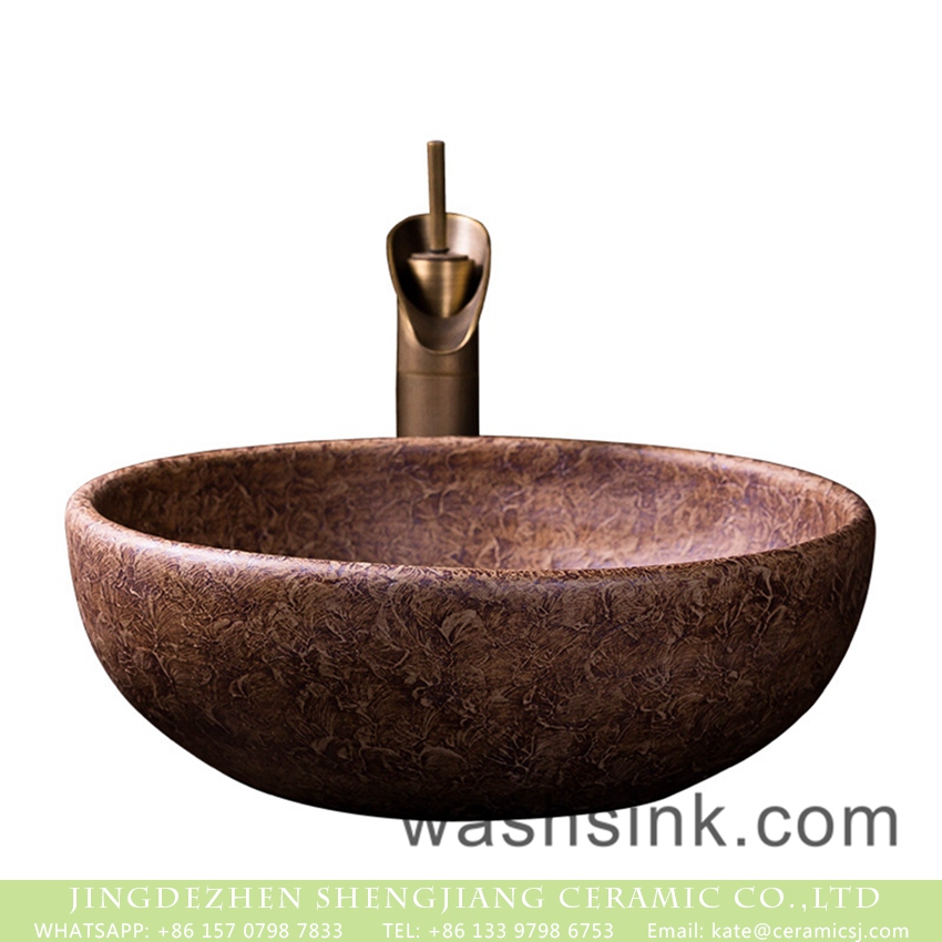XXDD-30-4 Jingdezhen retro Roman style round brown color porcelain bathroom sink with carved beautiful mysterious floral pattern XXDD-30-4 - shengjiang  ceramic  factory   porcelain art hand basin wash sink