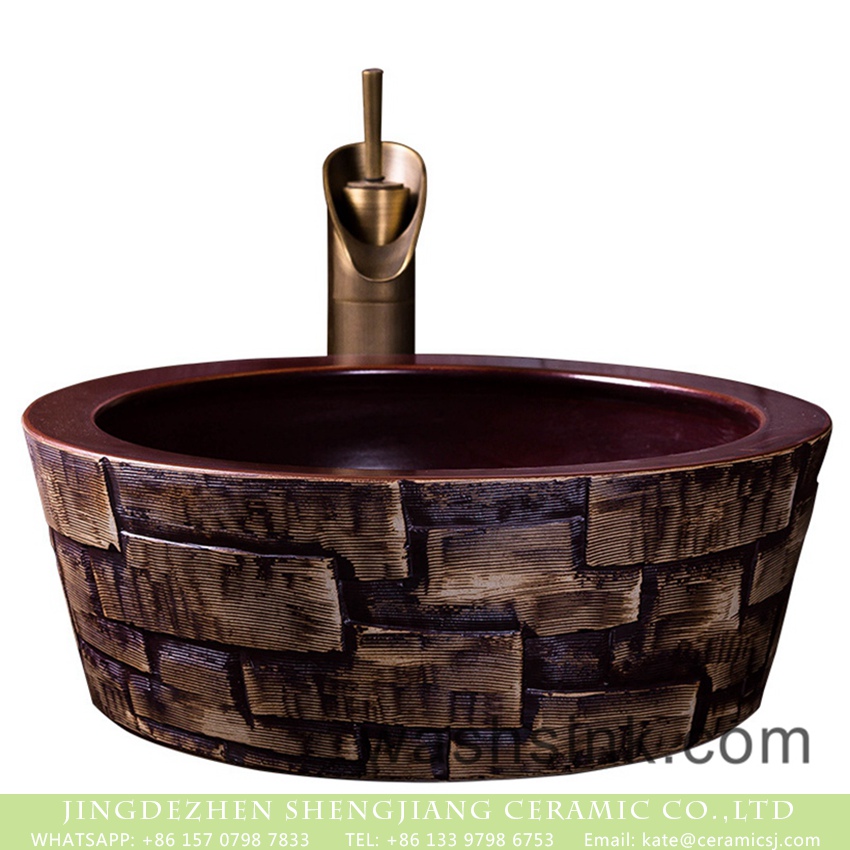 XXDD-31-1 Jingdezhen wholesale Chinese antique retro country style round porcelain hotel bathroom countertop basin with glazed dark red color wall and irregular bar pattern surface XXDD-31-1 - shengjiang  ceramic  factory   porcelain art hand basin wash sink