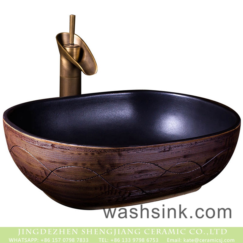 XXDD-32-5 Factory wholesale price oval Chinoiserie antique style foursquare porcelain wash sink basin with high gloss black wall and hand carved lines on surface XXDD-32-5 - shengjiang  ceramic  factory   porcelain art hand basin wash sink