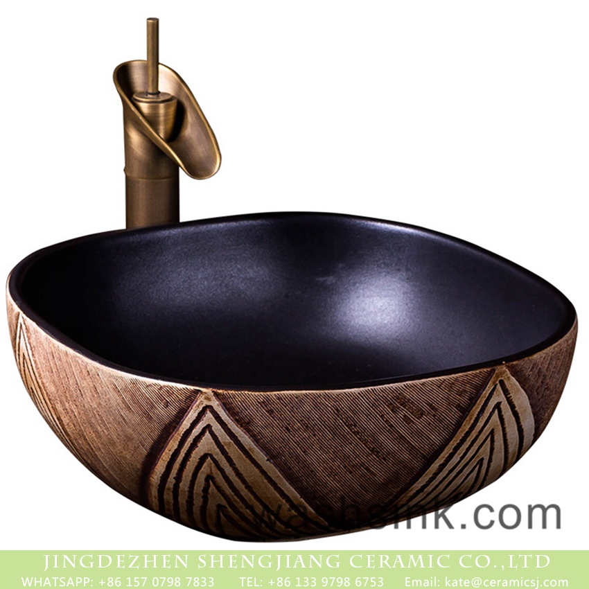 XXDD-33-3 Chinese antique traditional style high quality retro ceramic sanitary ware with matte bright black color wall and sculptured leaf pattern on imitating wood surface XXDD-33-3 - shengjiang  ceramic  factory   porcelain art hand basin wash sink