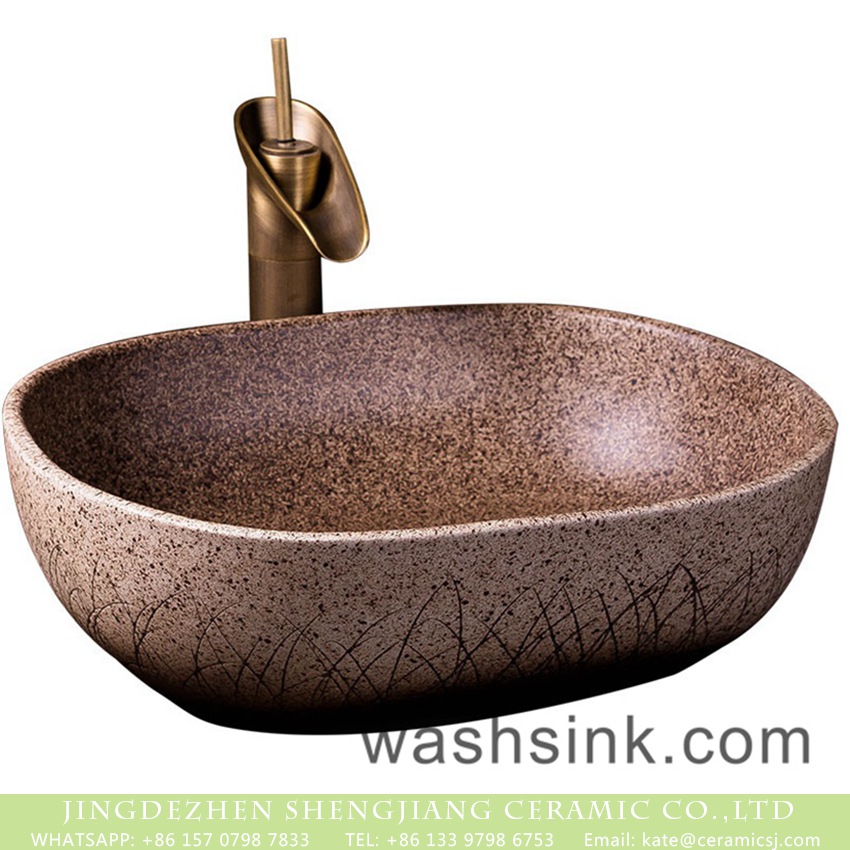 XXDD-34-2 Shengjiang factory direct square antique country style brown and white mixed color ceramic table top lavabo with black spots and hand carved grass pattern XXDD-34-2 - shengjiang  ceramic  factory   porcelain art hand basin wash sink