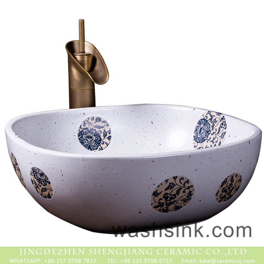 XXDD-35-2 Chinese art retro original domestic bathroom porcelain foursquare countertop hand wash basin white color with round blue-and-white floral pattern and spots XXDD-35-2 - shengjiang  ceramic  factory   porcelain art hand basin wash sink