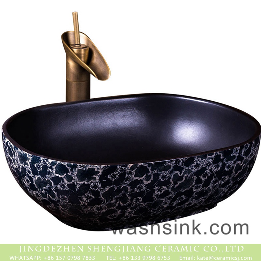 XXDD-37-3 New product Jingdezhen Jiangxi Chinese style thin edge oval square ceramic vanity basin with glazed matte black wall and blue-and-white China flower pattern on surface XXDD-37-3 - shengjiang  ceramic  factory   porcelain art hand basin wash sink