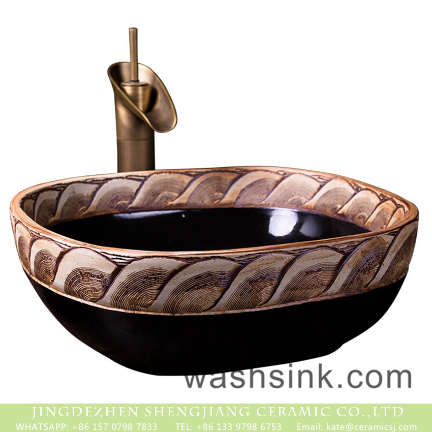 XXDD-38-3 European retro style art high gloss glazed black ceramic bathroom design vessel sink with hand carved special design pattern XXDD-38-3 - shengjiang  ceramic  factory   porcelain art hand basin wash sink