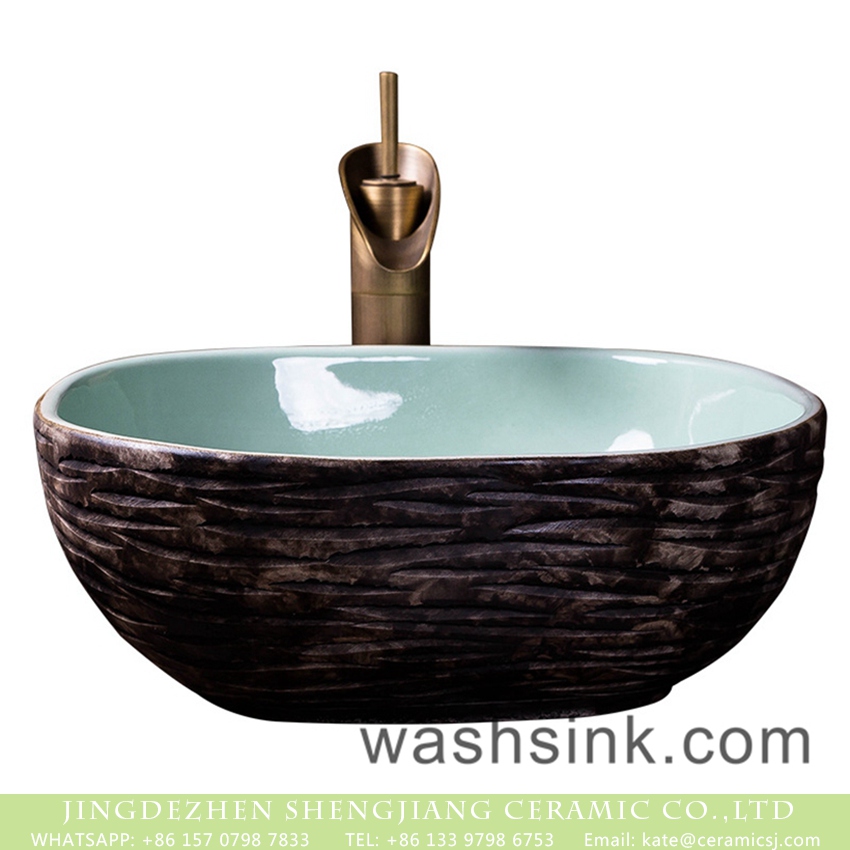 XXDD-39-4 Hot sales elegant quadrate bathroom table top sink Chinese style retro unique special design with glazed green wall and carved uneven brown surface XXDD-39-4 - shengjiang  ceramic  factory   porcelain art hand basin wash sink