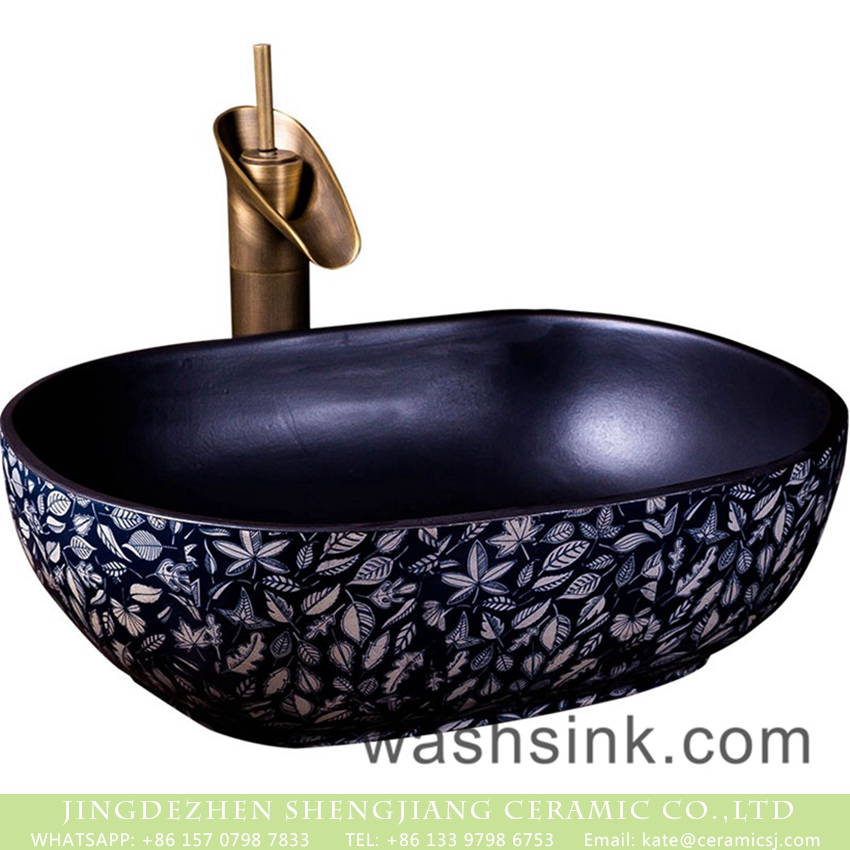 XXDD-40-3 Elegant fascinating quadrate Chinese style ceramic countertop wash basin with blue-and-white leaves printing on surface and matte black wall XXDD-40-3 - shengjiang  ceramic  factory   porcelain art hand basin wash sink
