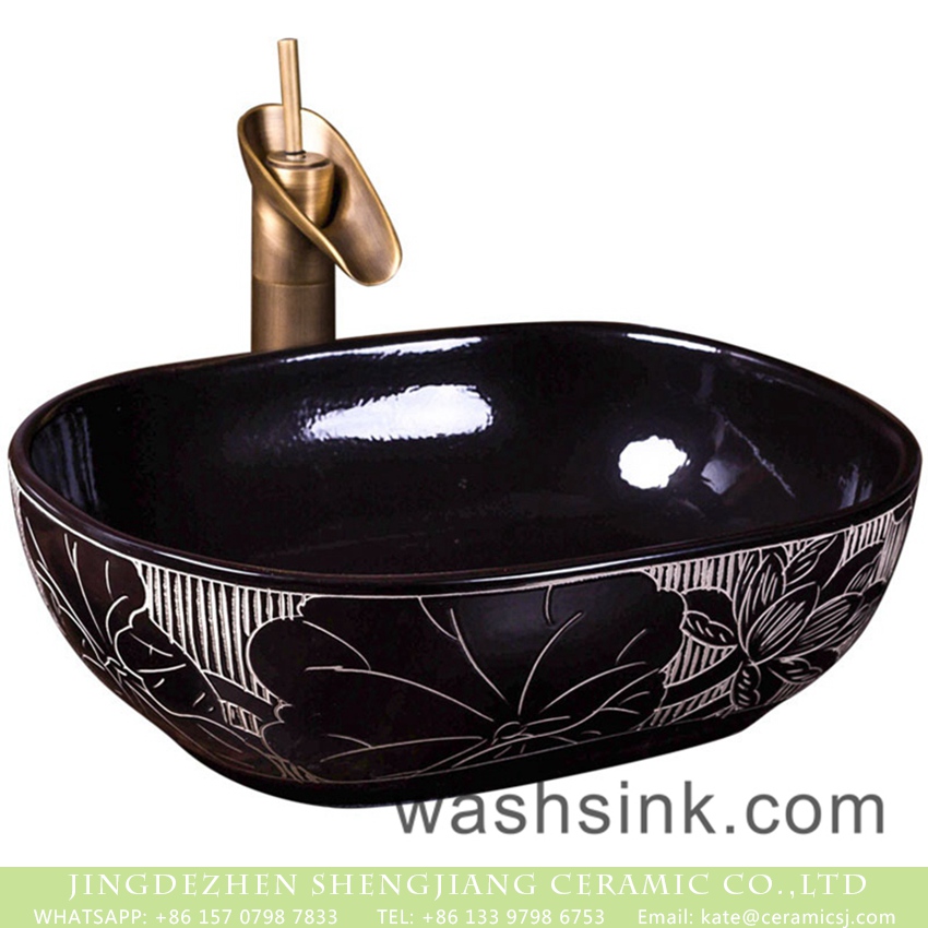 XXDD-42-2 Elegant Shengjiang factory direct ceramic bathroom table top sink courtyard quadrate retro Chinese style sanitary ware with high gloss bright black wall and manual sculptured flower pattern on surface XXDD-42-2 - shengjiang  ceramic  factory   porcelain art hand basin wash sink