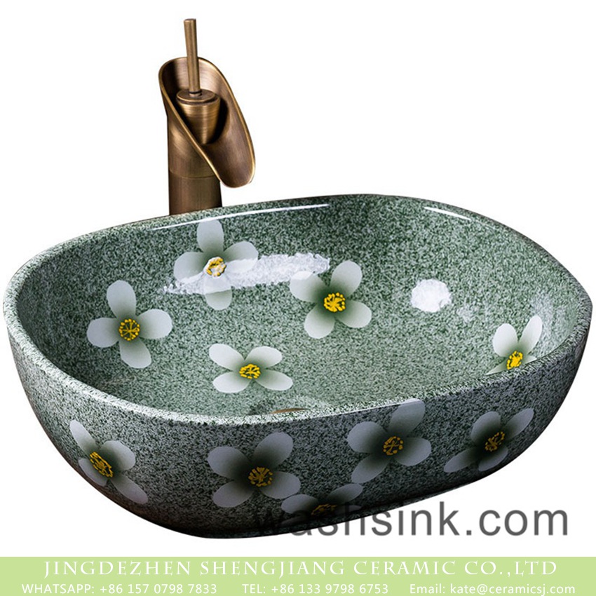XXDD-43-4 Jingdezhen elegant American simple style art oval ceramic bathroom table top sink with under glaze floral patterns on forest green color wall and surface XXDD-43-4 - shengjiang  ceramic  factory   porcelain art hand basin wash sink