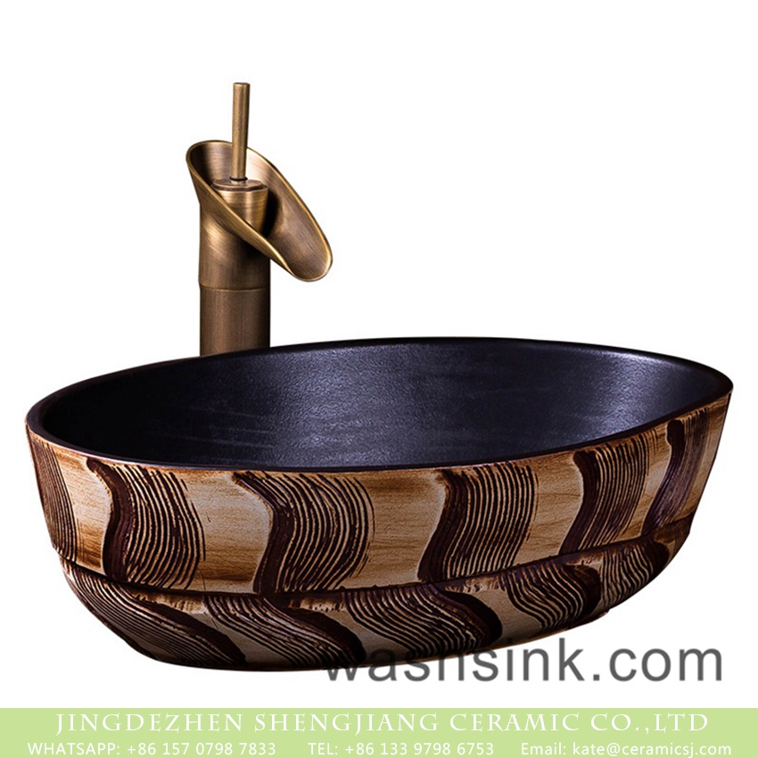 XXDD-44-1 Made in China thin edge oval Chinese style ceramic countertop art basin domestic bathroom wash bowl with black wall and wood color hand carved design pattern XXDD-44-1 - shengjiang  ceramic  factory   porcelain art hand basin wash sink