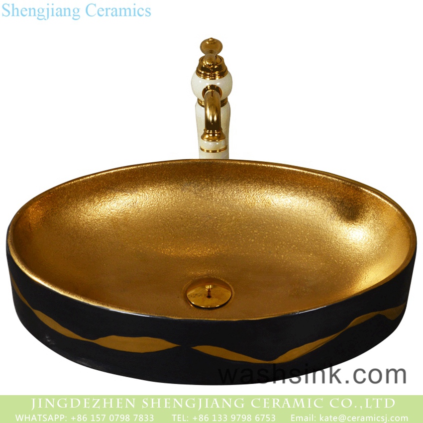 YQ-001-6 Shengjiang factory porcelain modern Chinese European style art sanitary ware with golden high gloss wall and golden wave patterns on black surface YQ-001-6 - shengjiang  ceramic  factory   porcelain art hand basin wash sink