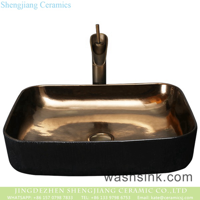 YQ-002 Innovative metal cuprum luster glaze Chinese art countertop simple industrial retro style bowl super thin and straight edge elegant single hole ceramic square sink bowl with high gloss wall and uneven matte black surface YQ-002 - shengjiang  ceramic  factory   porcelain art hand basin wash sink